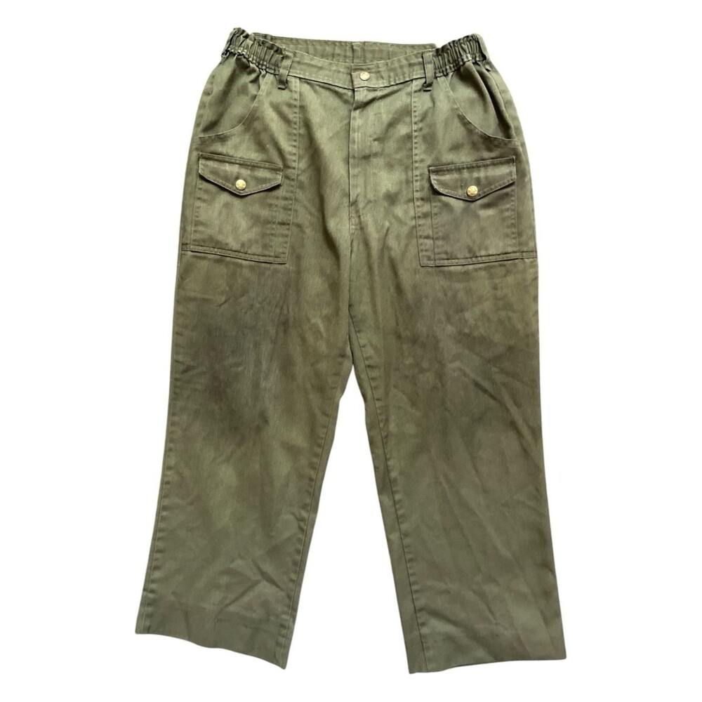 Vintage Scout Uniform Pants Olive Green Elastic Waist Gold Button Size 30